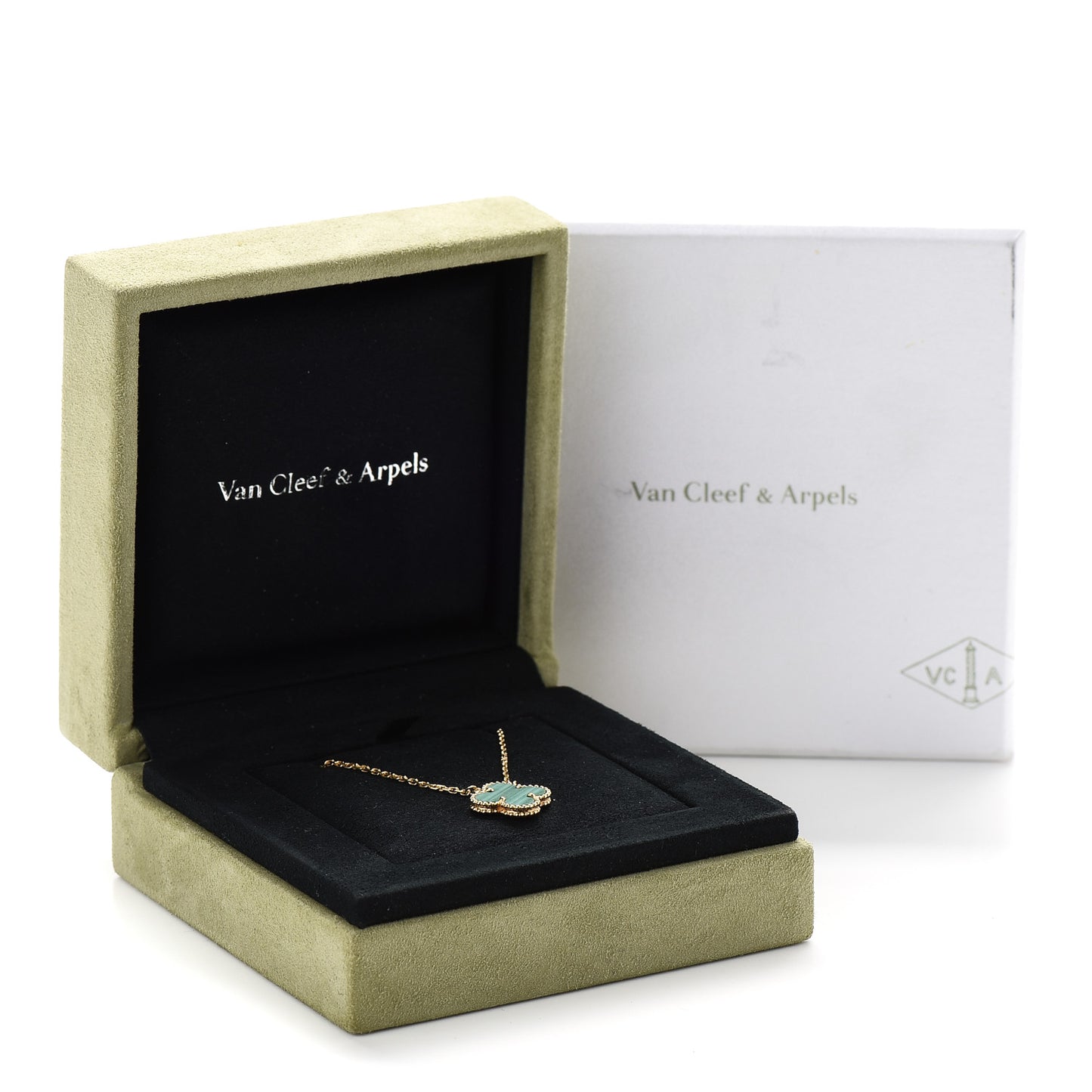 18K Yellow Gold Malachite Vintage Alhambra Pendant Necklace