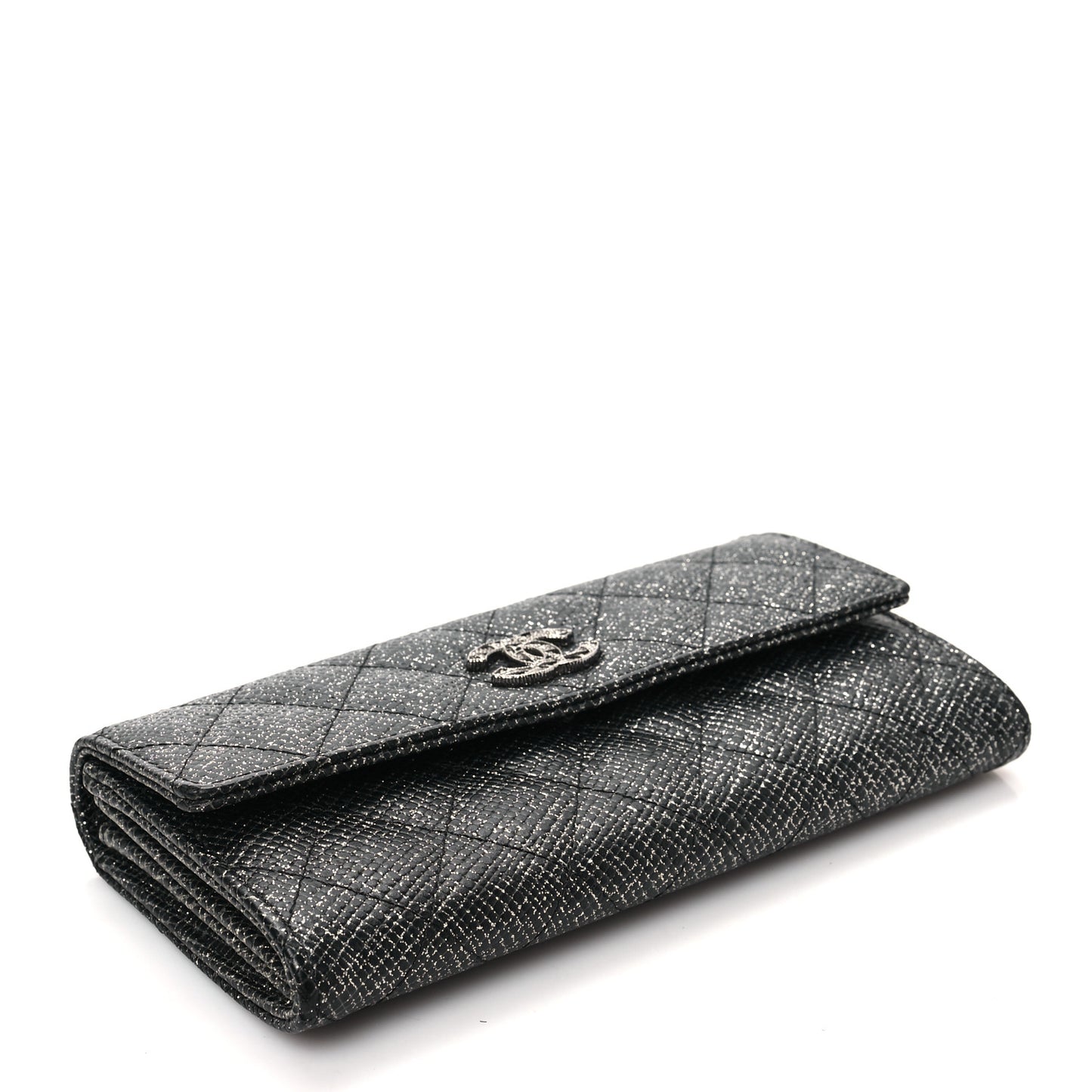 Metallic Calfskin Quilted Large Gusset Flap Wallet Dark Grey