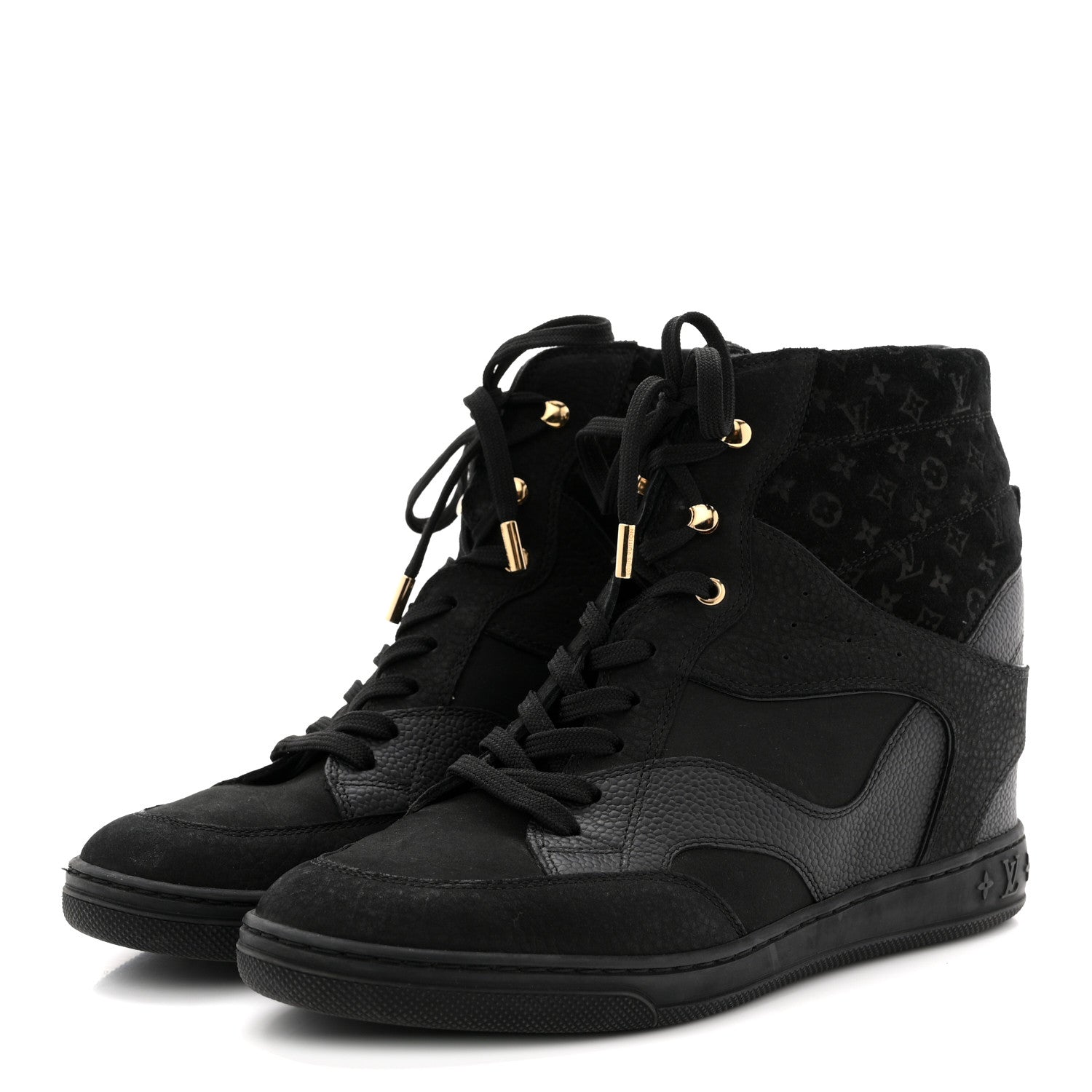 Louis Vuitton Calfskin Suede Monogram Cliff Top Wedge Sneakers 40 Black 4 of 11