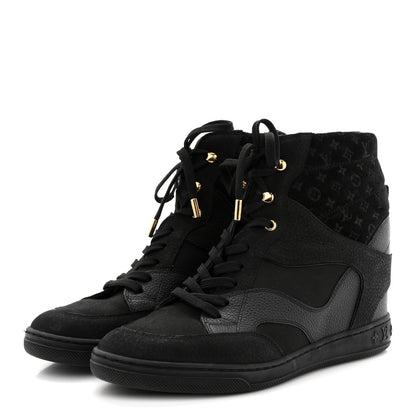 Louis Vuitton Calfskin Suede Monogram Cliff Top Wedge Sneakers 40 Black 4 of 11