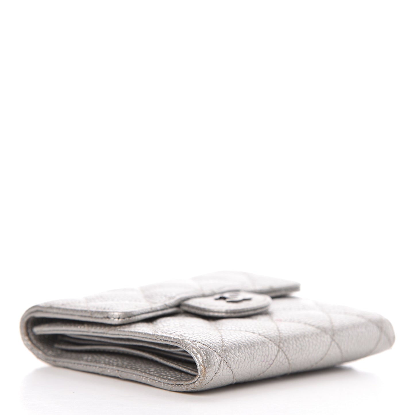 Metallic Caviar Quilted Compact Flap Wallet Silver