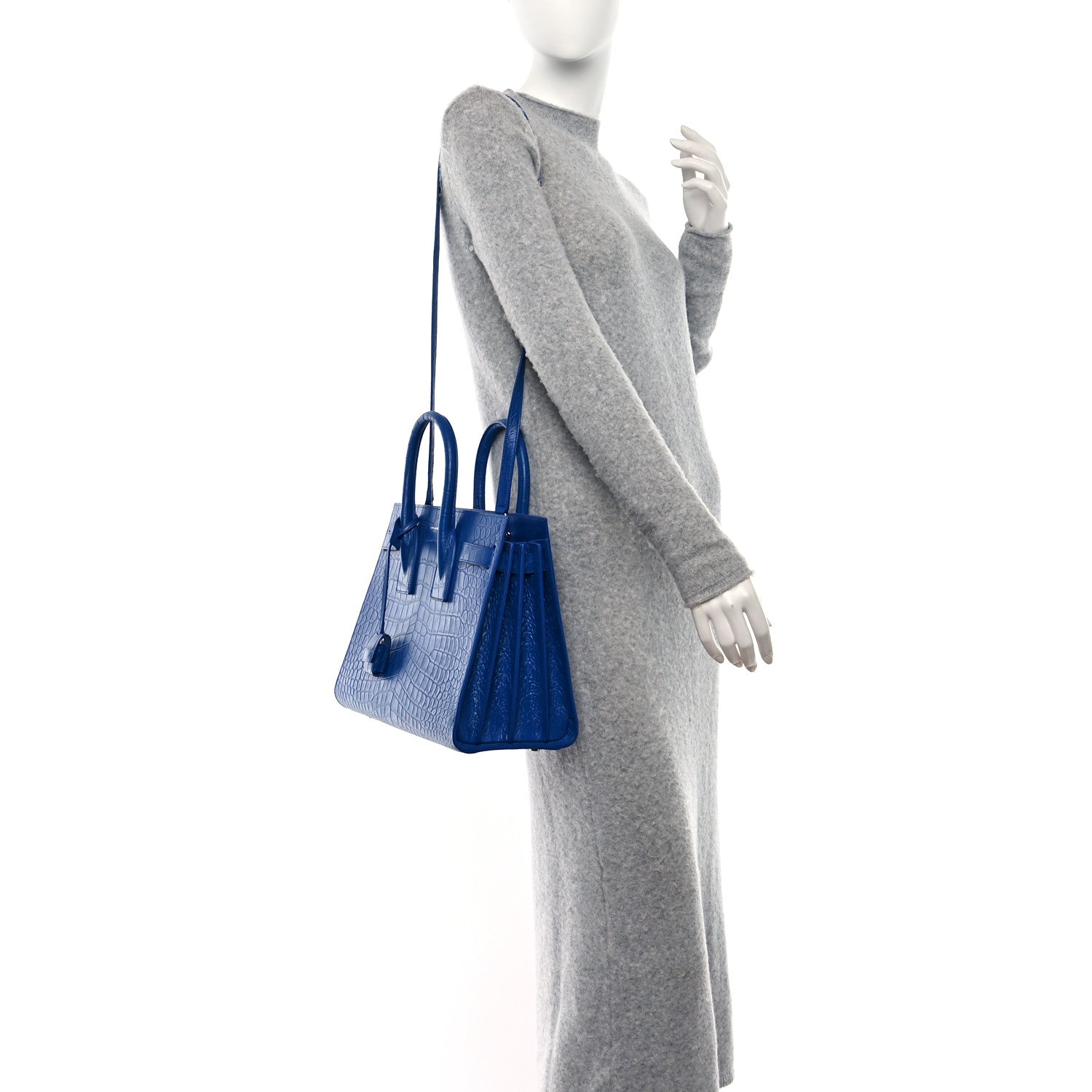 Saint Laurent Calfskin Crocodile Embossed Small Sac de Jour Royal Blue 2 of 9