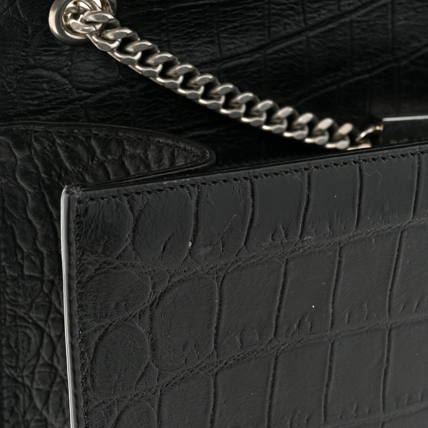 Calfskin Crocodile Embossed Medium Classic Monogram Kate Tassel Satchel Black