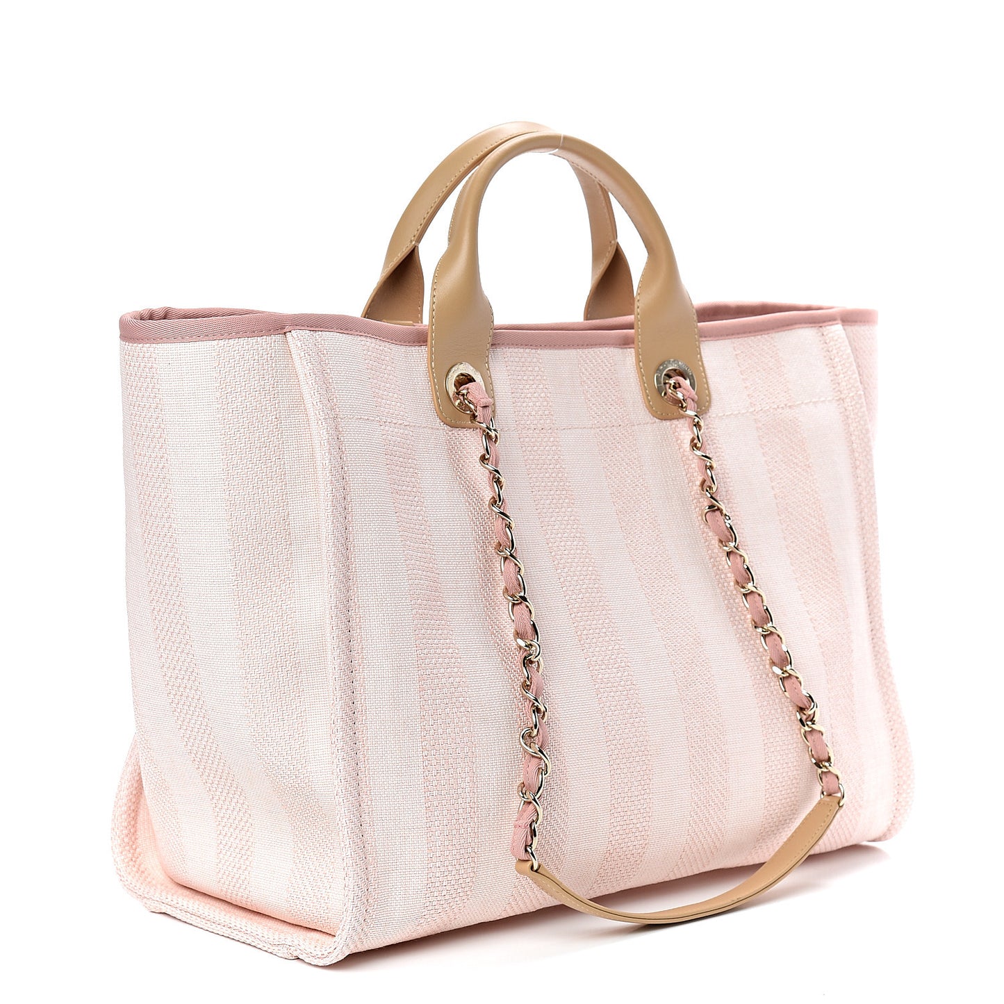 Straw Raffia Calfskin Striped Medium Deauville Tote Light Pink