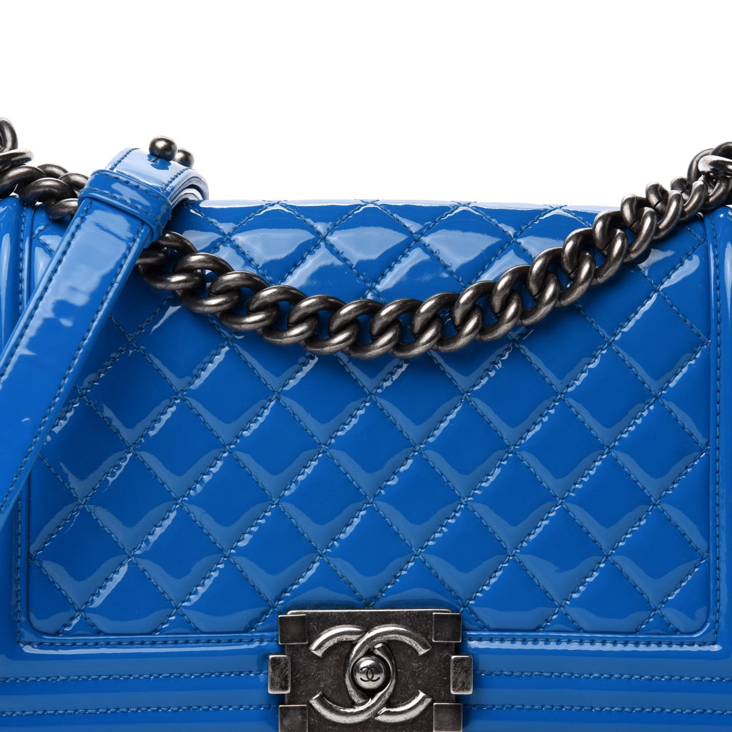Patent Calfskin Quilted Medium Boy Flap Blue