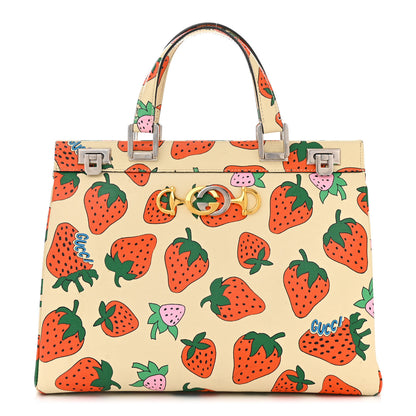 Gucci Calfskin Strawberry Print Medium Zumi Top Handle Bag Ivory Red 1 of 11