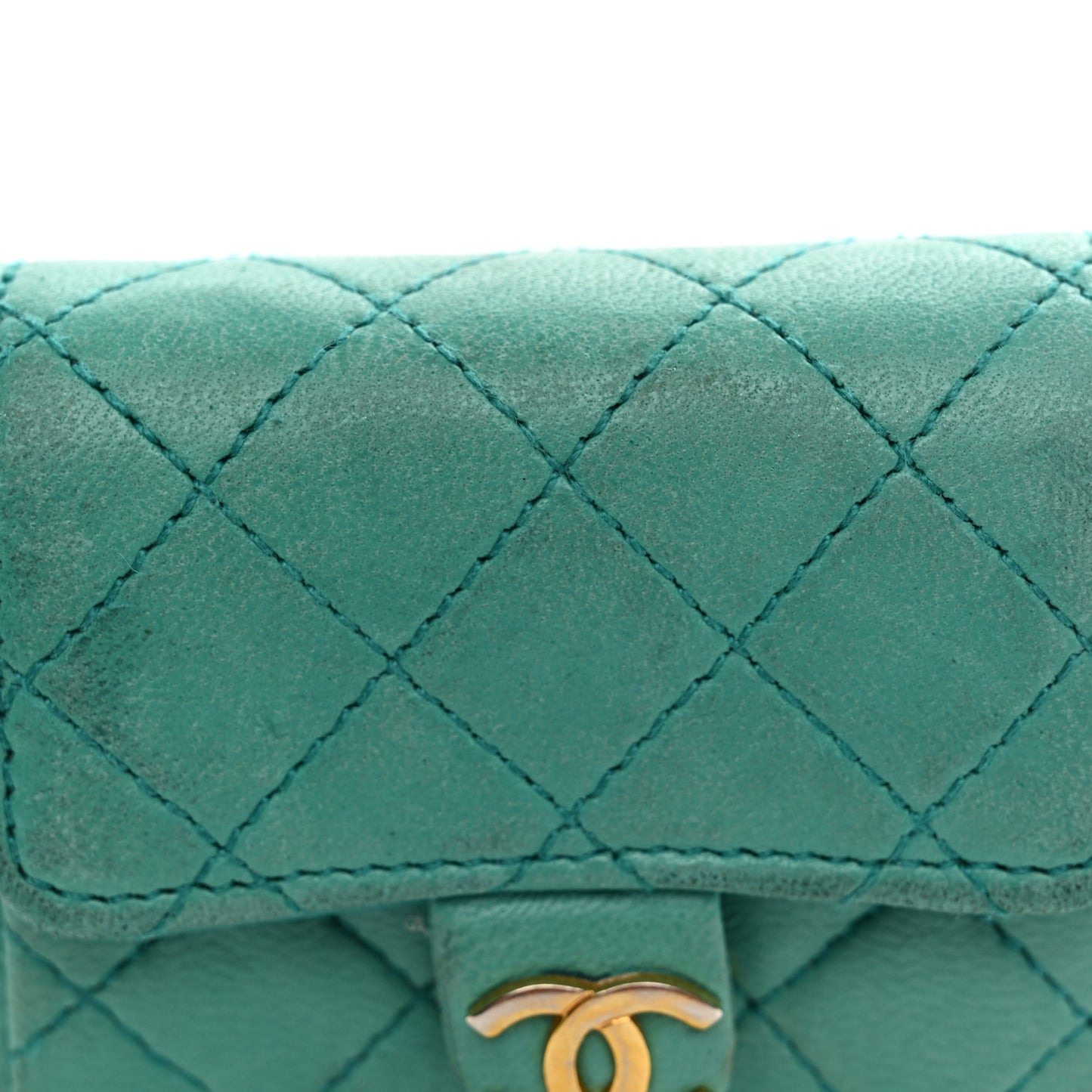 Lambskin Quilted Mini Pouch Bag Charm Keychain Turquoise