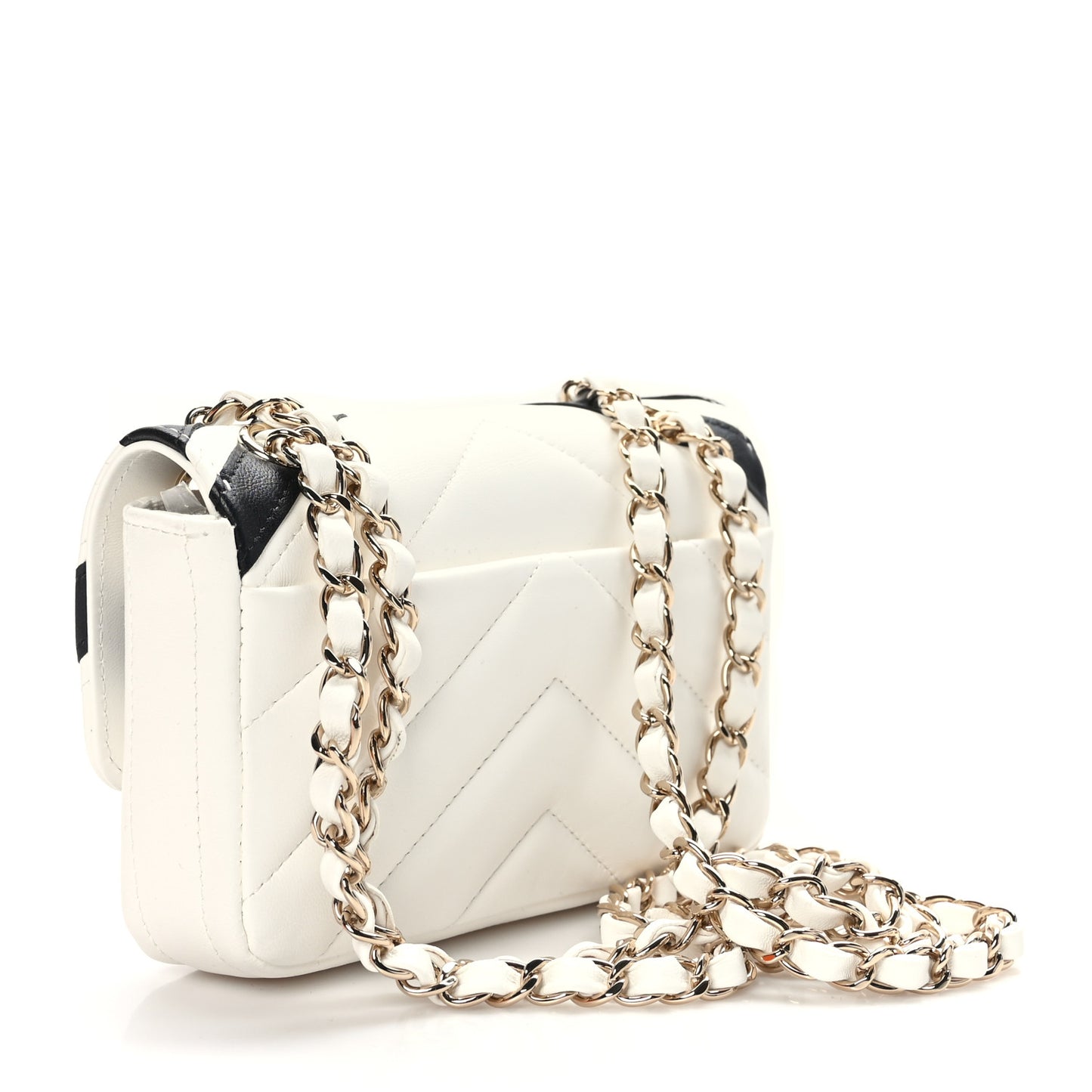 Lambskin Chevron Stitched Flap White Black