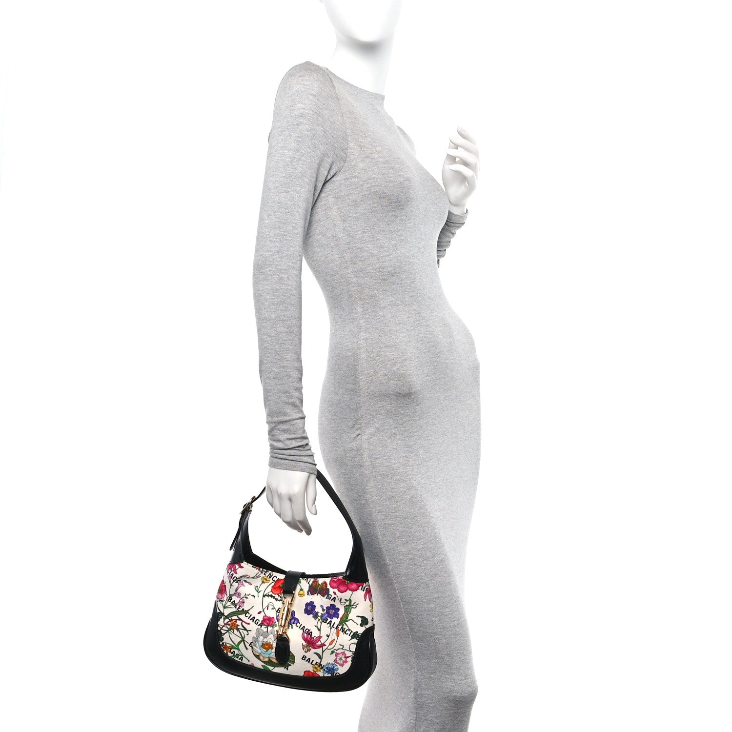 Gucci X BALENCIAGA Canvas Boarded Pluton Calfskin Flora Logo Print Small Jackie 1961 Hobo White Multicolor Black 2 of 9