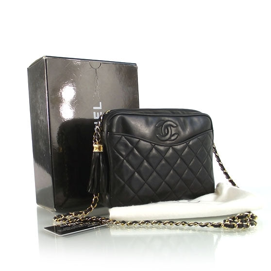 Vintage Quilted Leather Tassel Camera Case Black
