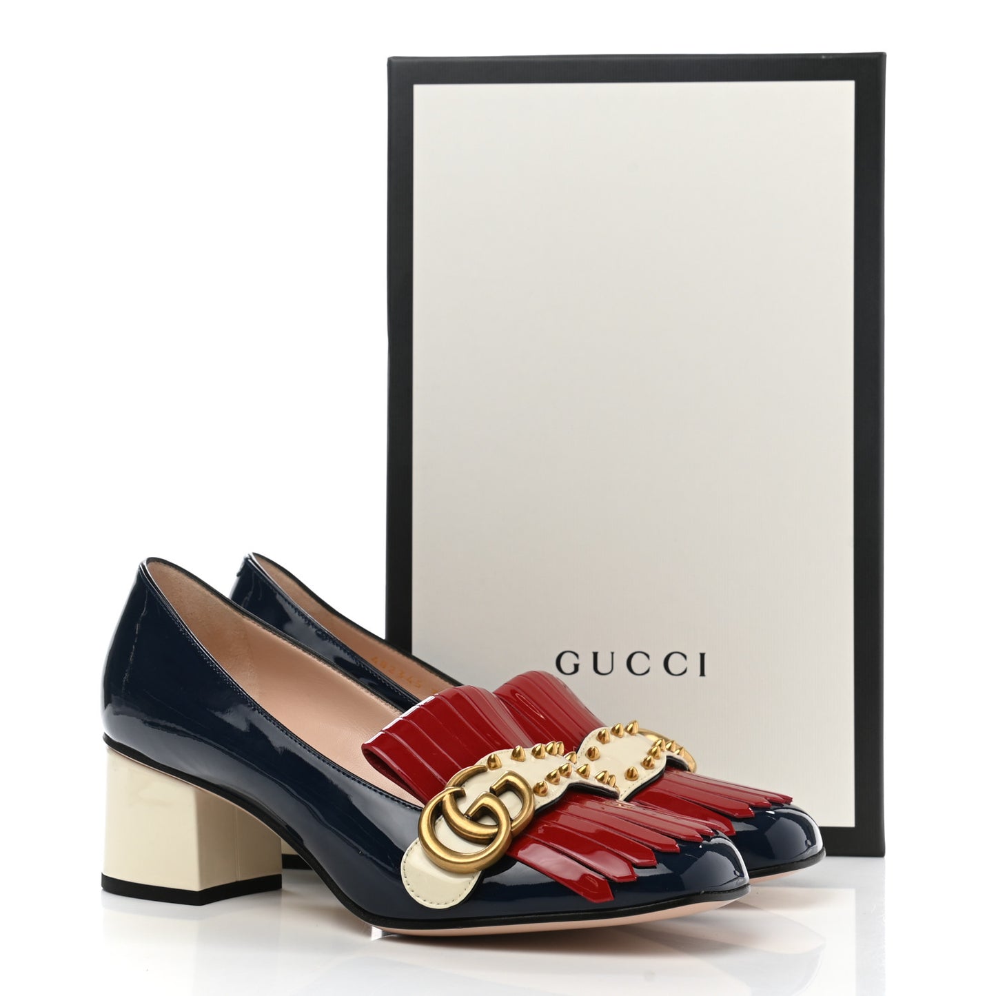 Vernice Studded GG Marmont Fringe 50mm Loafer Pumps 38 Blue Agata Hibiscus Red Mystic White