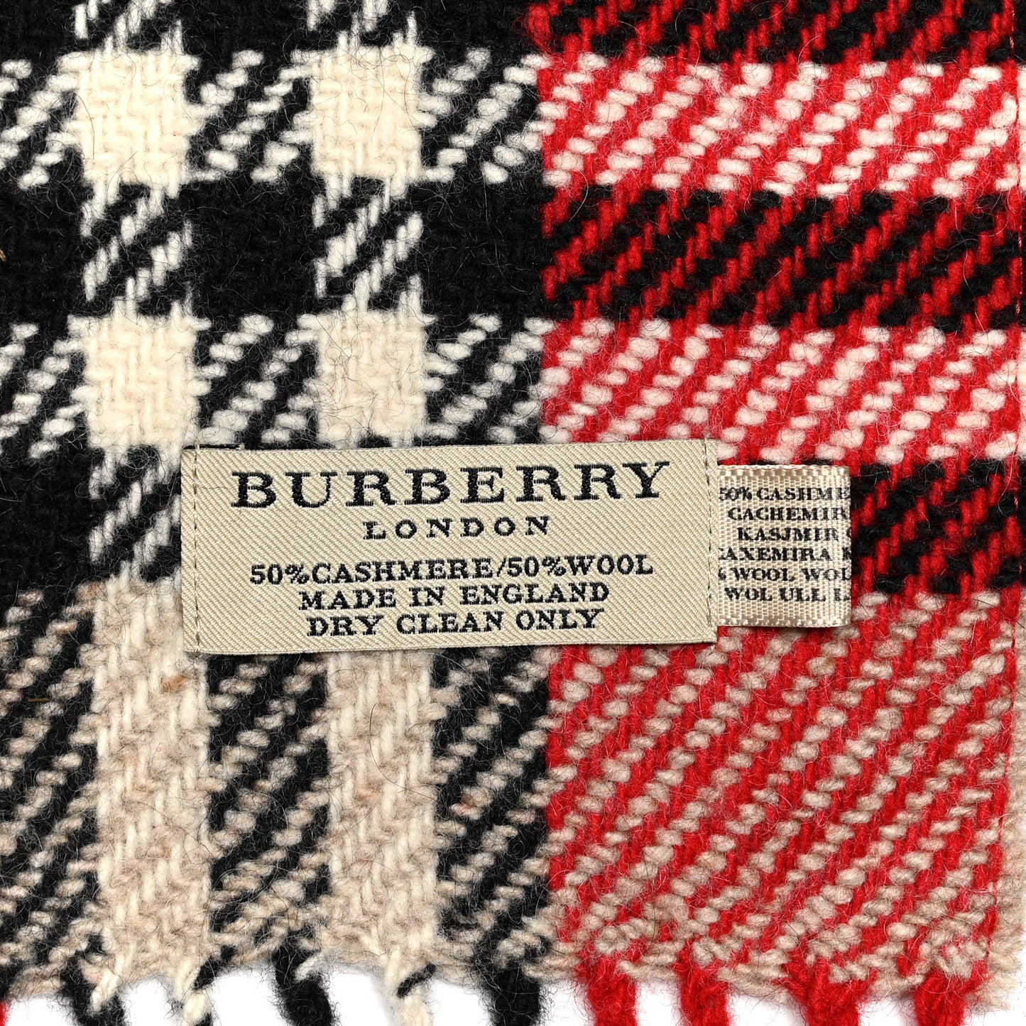 Wool Cashmere Check Fringe Scarf Red Black