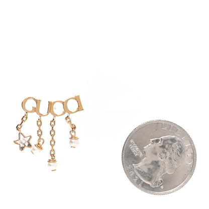 Gucci Metal Crystal Pearl Script Drop Single Earring Gold 2 of 4
