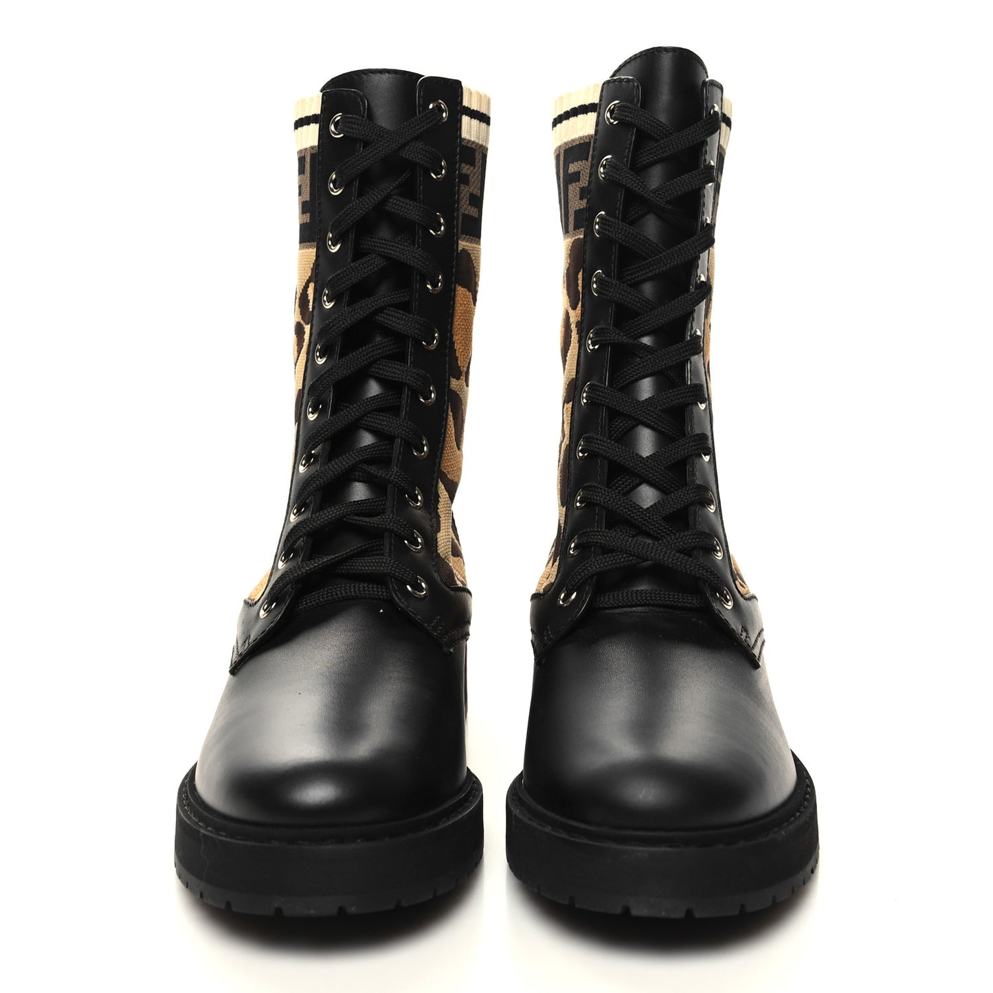 Calfskin Stretch Fabric FF Leopard Rockoko Biker Boots 39.5 Black