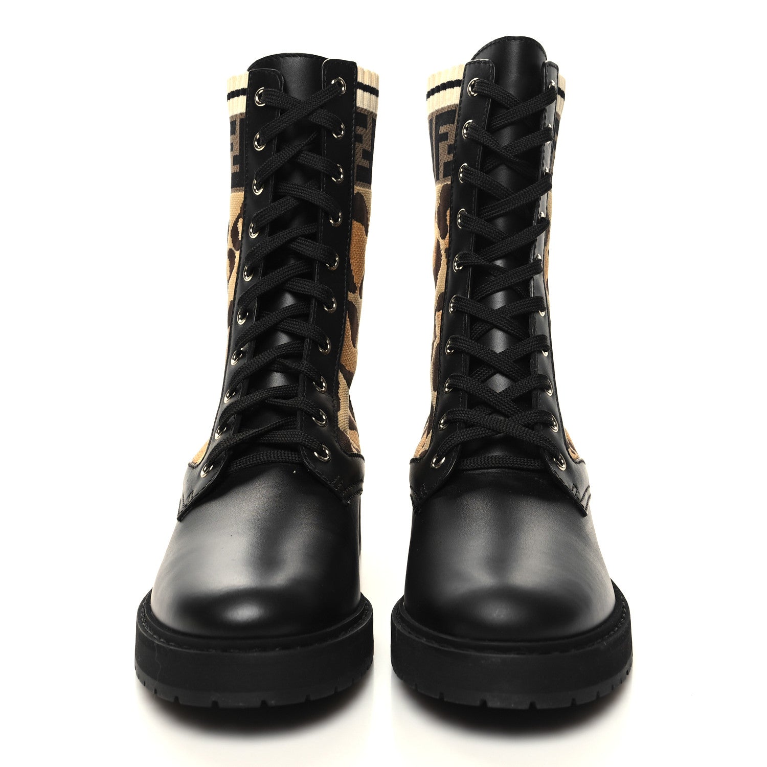 Fendi Calfskin Stretch Fabric FF Leopard Rockoko Biker Boots 39.5 Black 2 of 8