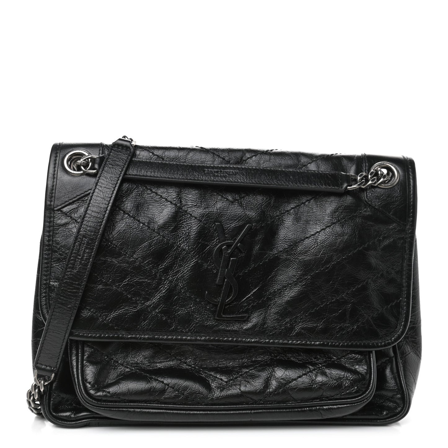 Crinkled Calfskin Matelasse Monogram Medium Niki Chain Satchel Black