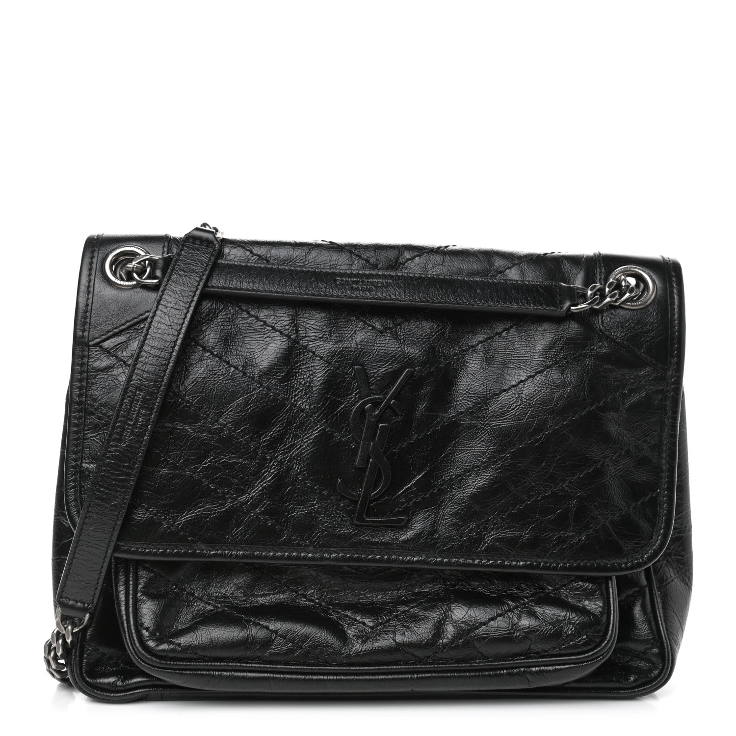 Saint Laurent Crinkled Calfskin Matelasse Monogram Medium Niki Chain Satchel Black 1 of 4