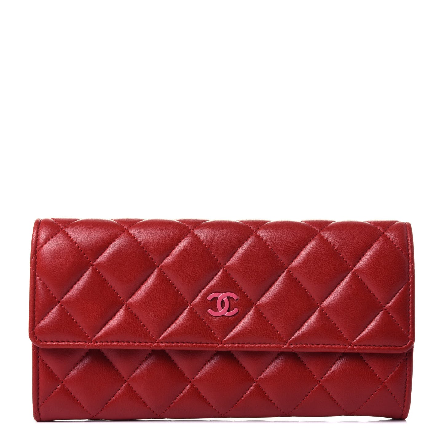 Lambskin Quilted Large Gusset Flap Wallet Red