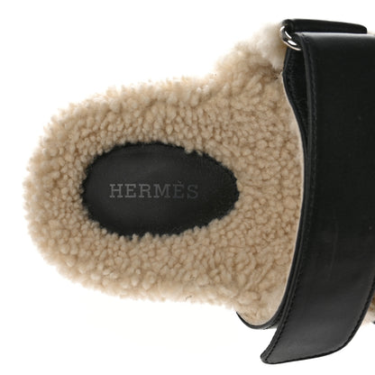 Hermes Calfskin Woolskin Womens Chypre Sandals 36 Black Ecru 7 of 12