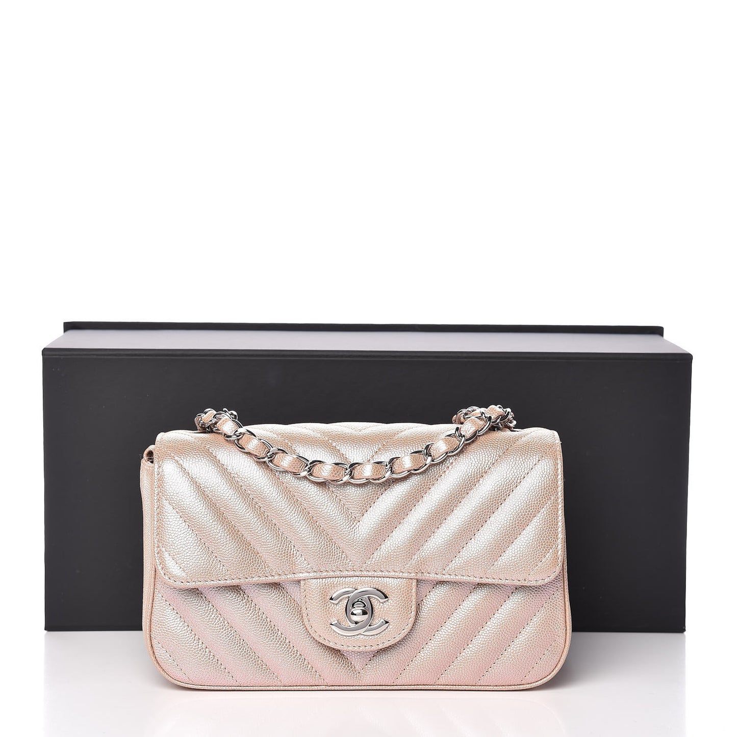 Iridescent Caviar Chevron Quilted Mini Rectangular Flap Light Gold