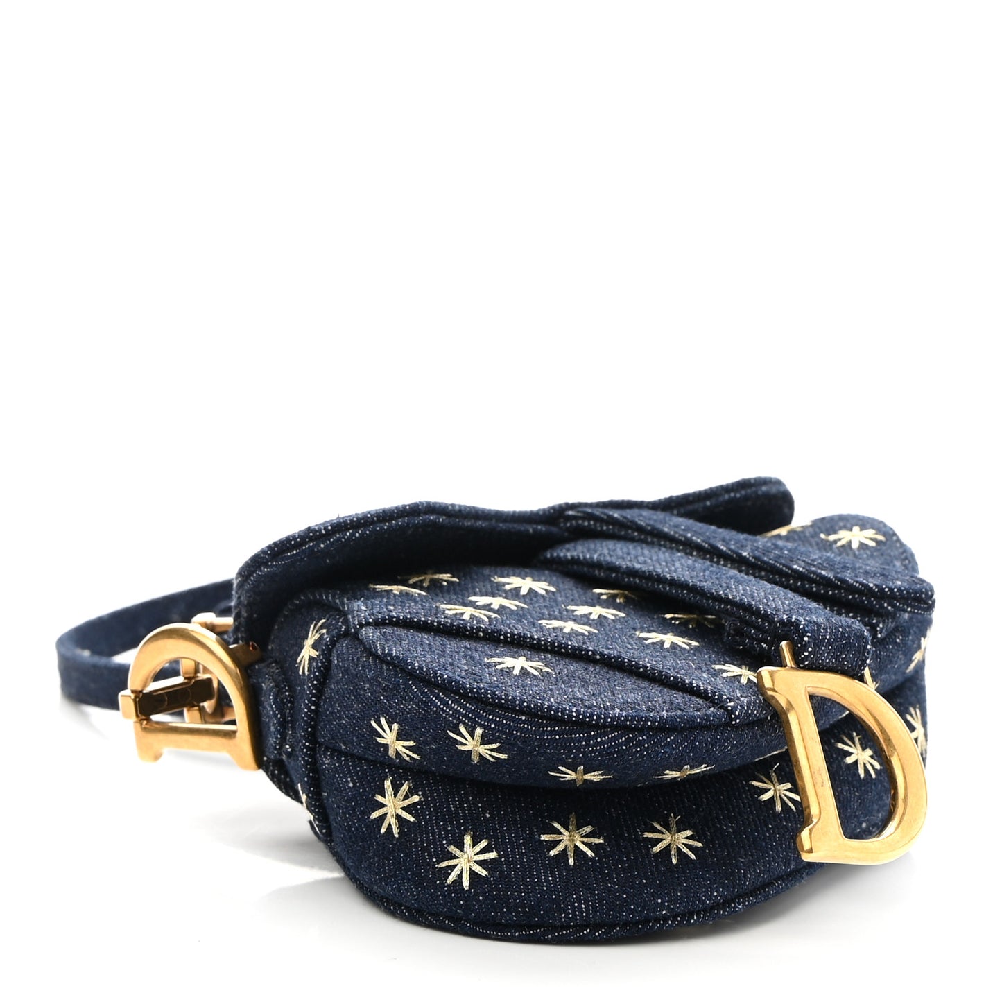 Denim Embroidered Micro Saddle Bag With Strap Blue Gold
