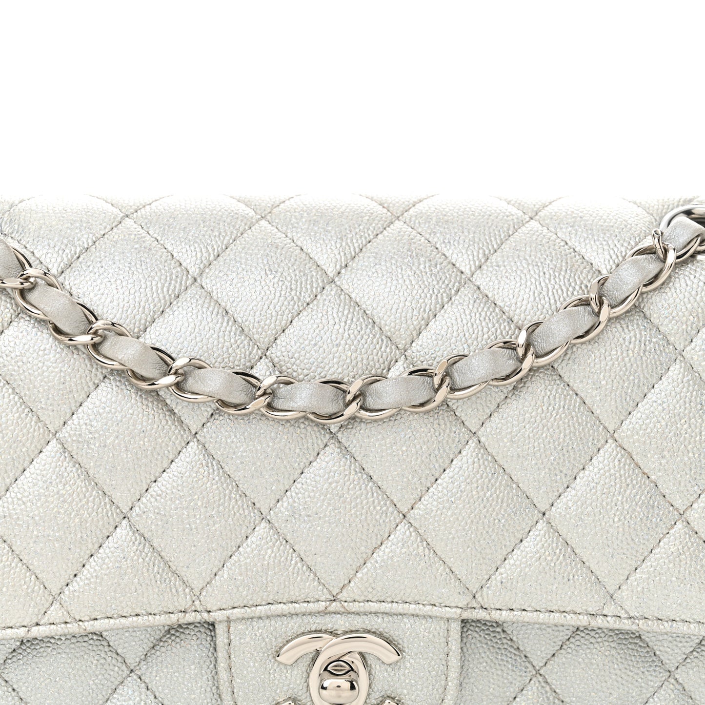 Glittered Metallic Caviar Quilted Medium Double Flap Silver