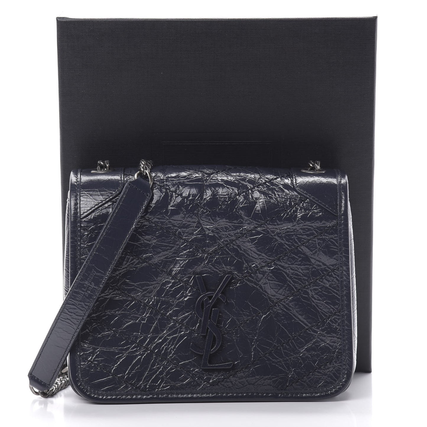 Crinkled Calfskin Matelasse Monogram Niki Chain Wallet Deep Marine
