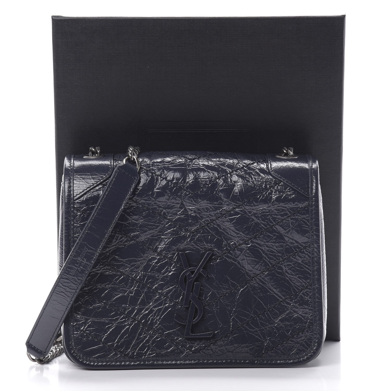 Saint Laurent Crinkled Calfskin Matelasse Monogram Niki Chain Wallet Deep Marine 11 of 12