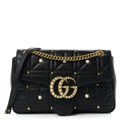 Gucci Calfskin Matelasse Studded Medium Pearly GG Marmont Shoulder Bag Black 1 of 13