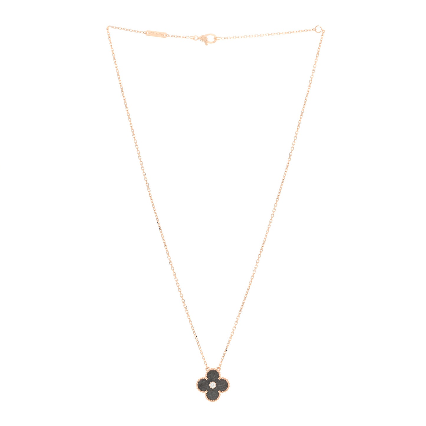 18K Rose Gold Diamond Silver Obsidian Vintage Alhambra Pendant Necklace