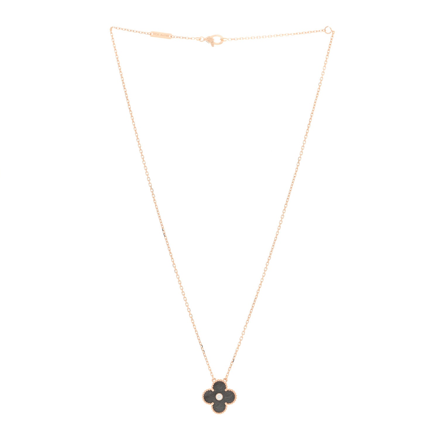 Van Cleef & Arpels 18K Rose Gold Diamond Silver Obsidian Vintage Alhambra Pendant Necklace 2 of 4