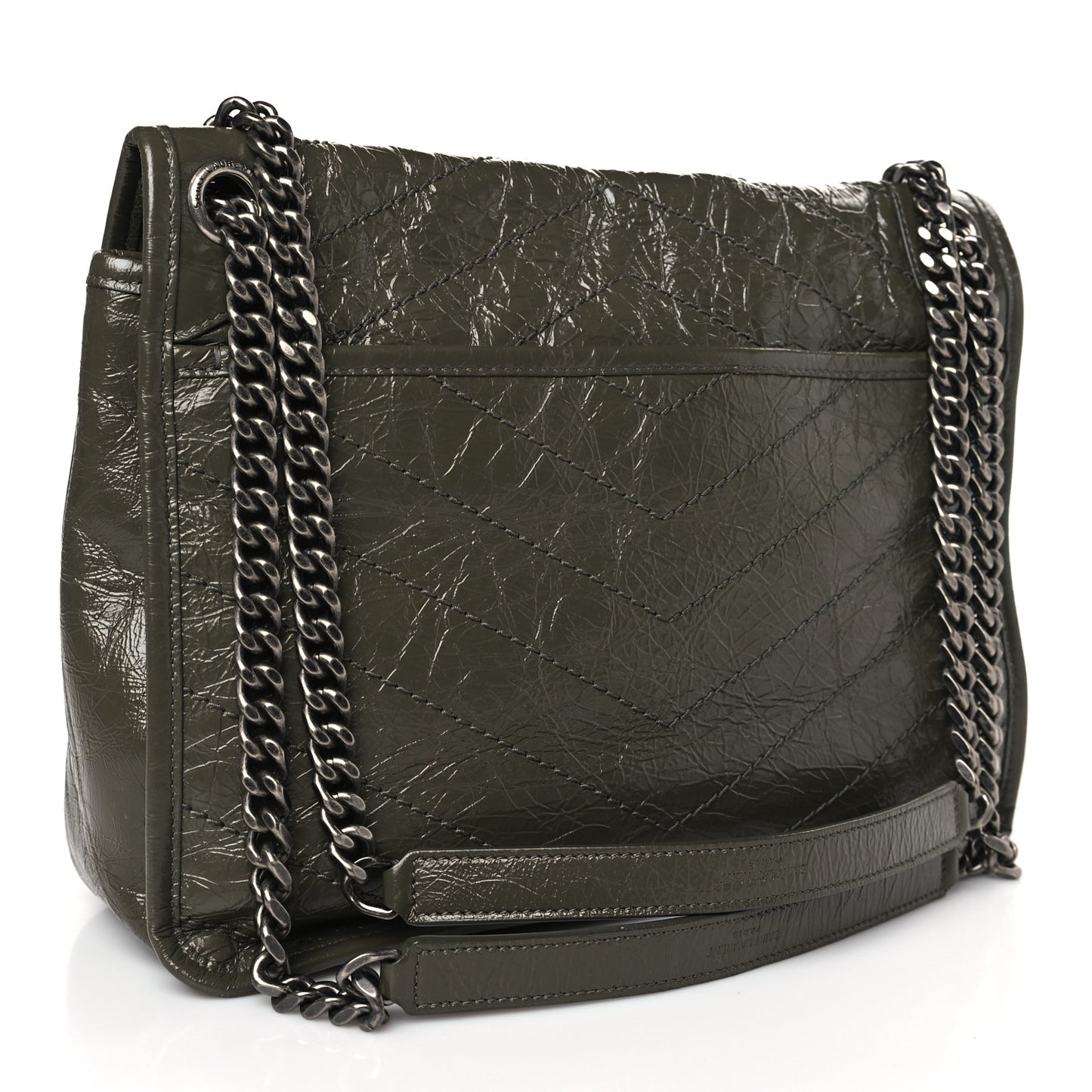 Crinkled Calfskin Matelasse Monogram Medium Niki Chain Satchel Military Olive