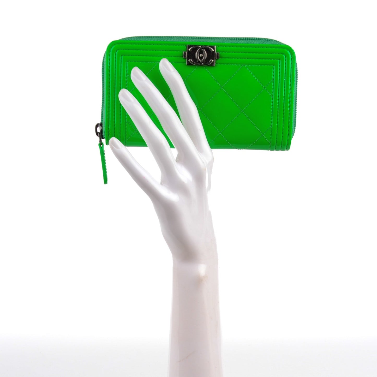 Patent Quilted Small Boy Zip Around Wallet Green