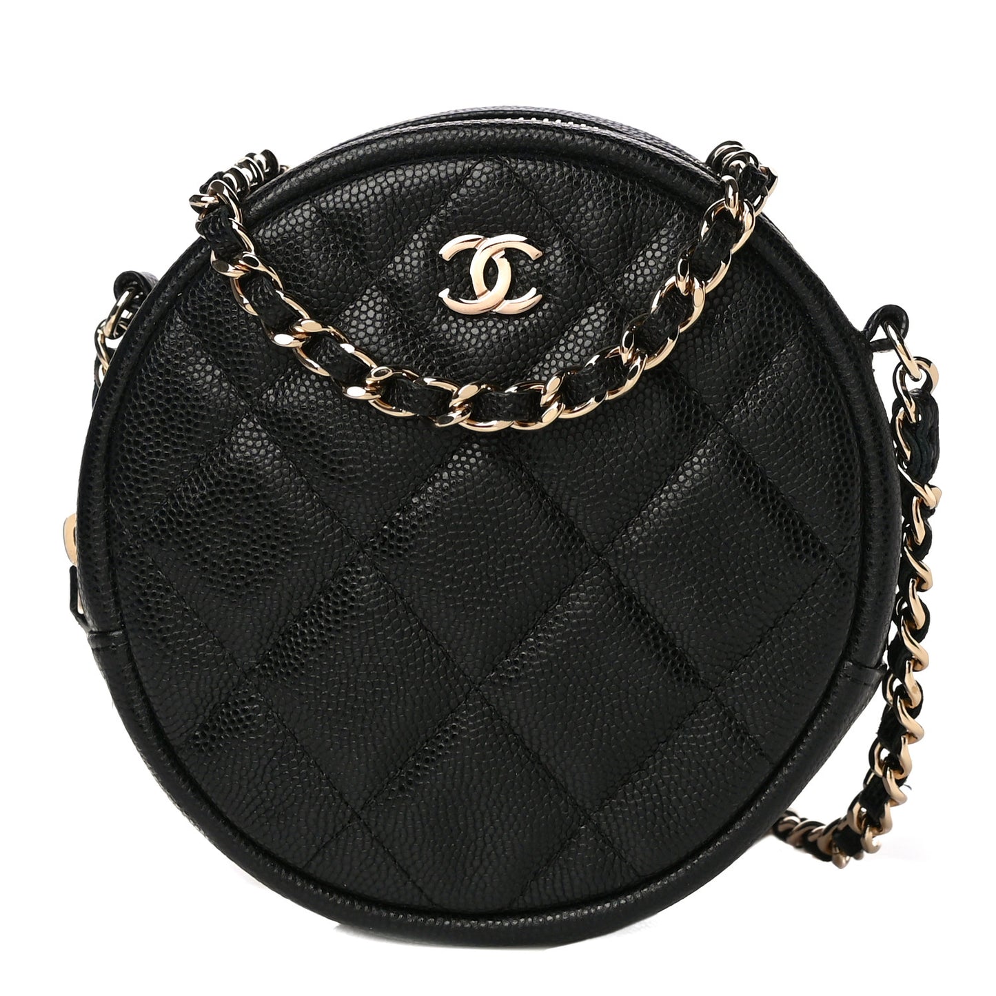 Caviar Quilted Round Clutch With Chain Black