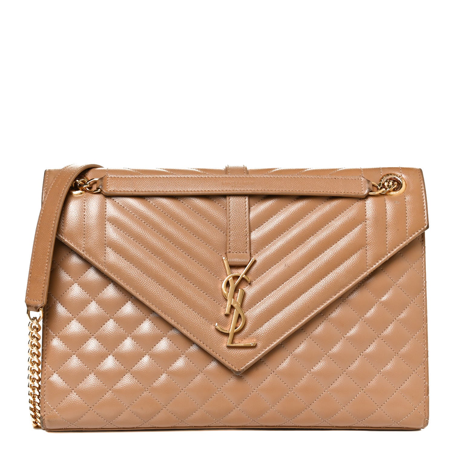 Saint Laurent Grain De Poudre Mixed Matelasse Large Triquilt Monogram Satchel Dark Beige 1 of 14