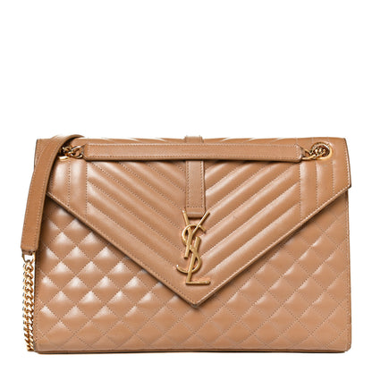 Saint Laurent Grain De Poudre Mixed Matelasse Large Triquilt Monogram Satchel Dark Beige 1 of 14