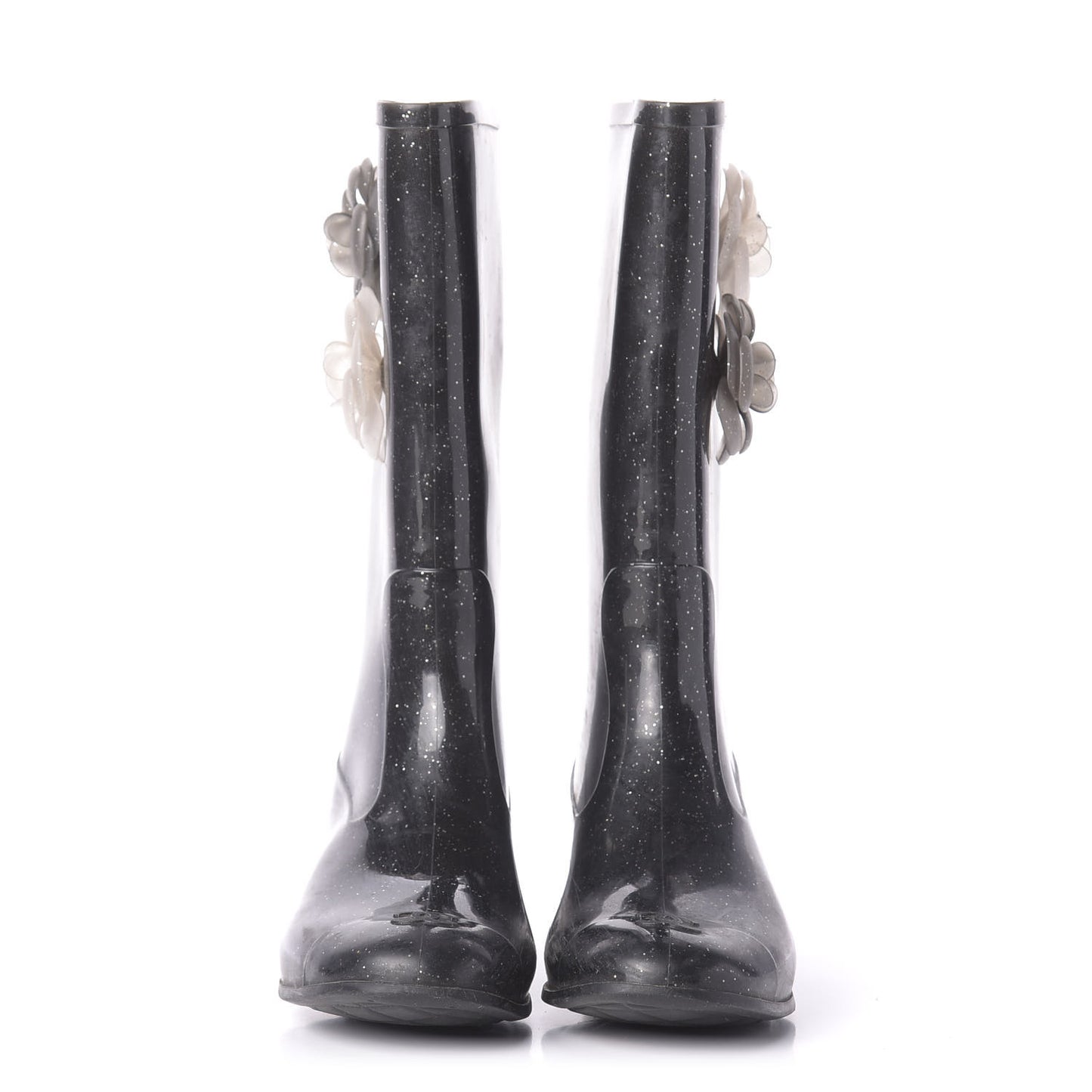 Rubber Glitter Camellia Rain Boots 40 Black