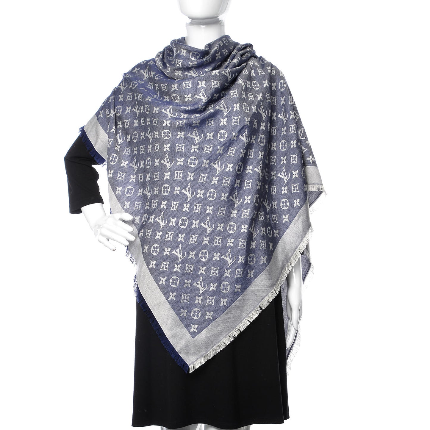 Wool Silk Monogram Denim Shawl Blue