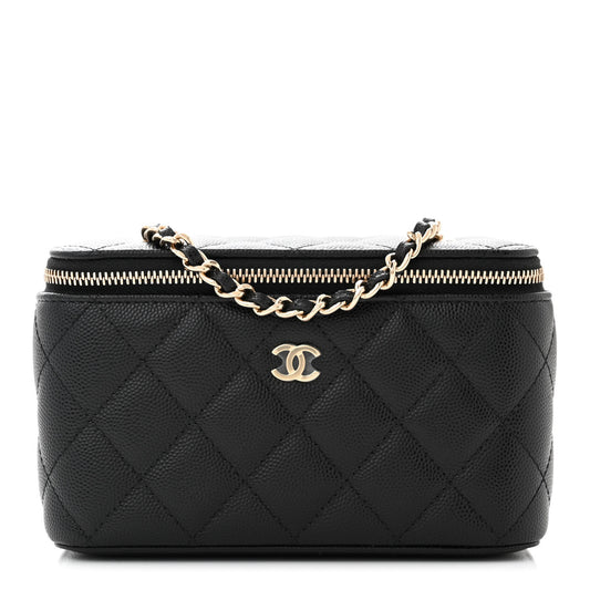 Caviar Quilted Small Vanity Case With Chain Black