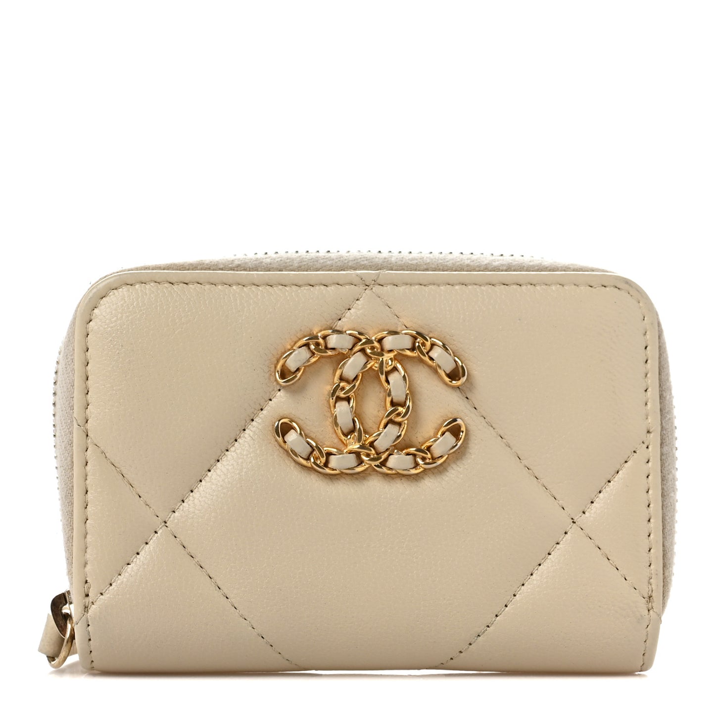 Lambskin Quilted 19 Zip Around Coin Purse Wallet Beige