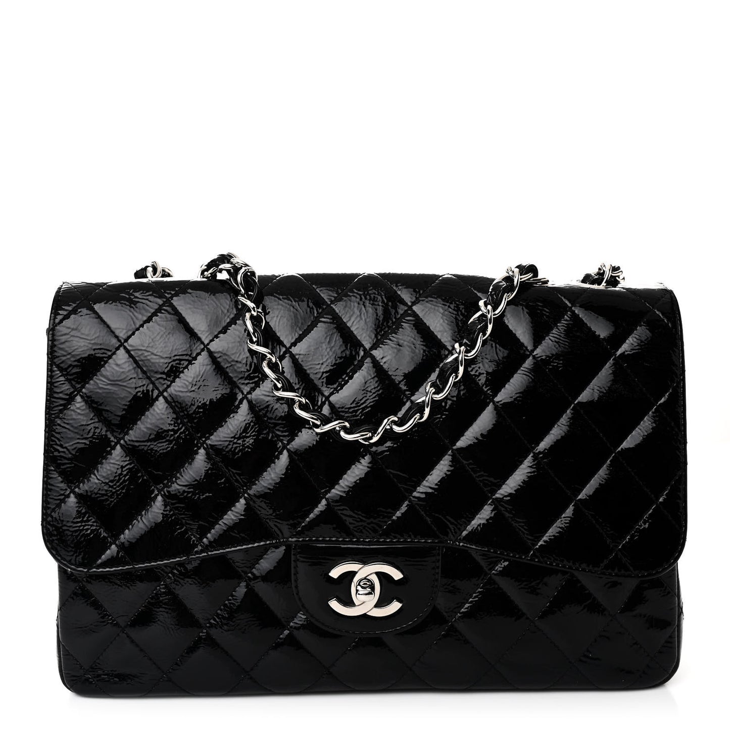 Distressed Patent Quilted Jumbo Single Flap Black