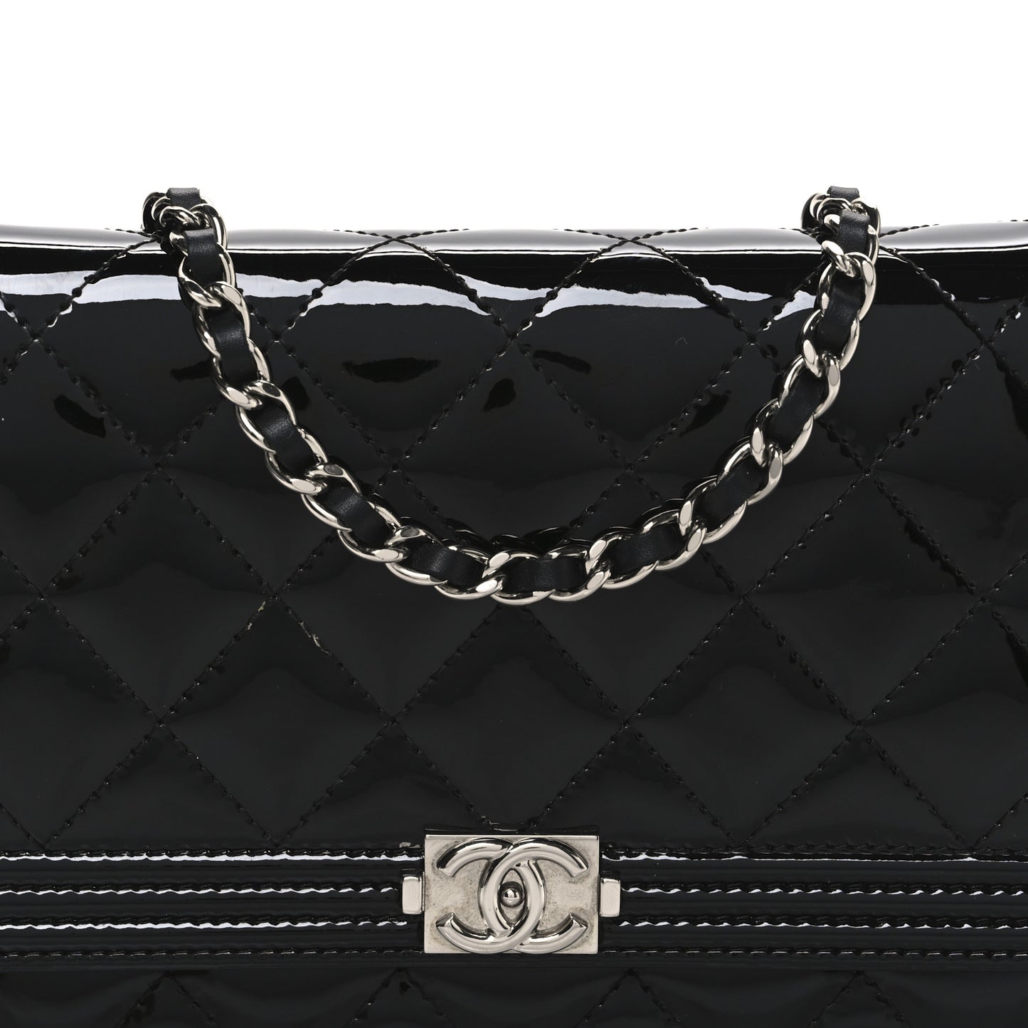 Patent Calfskin Quilted Boy Wallet On Chain WOC Black