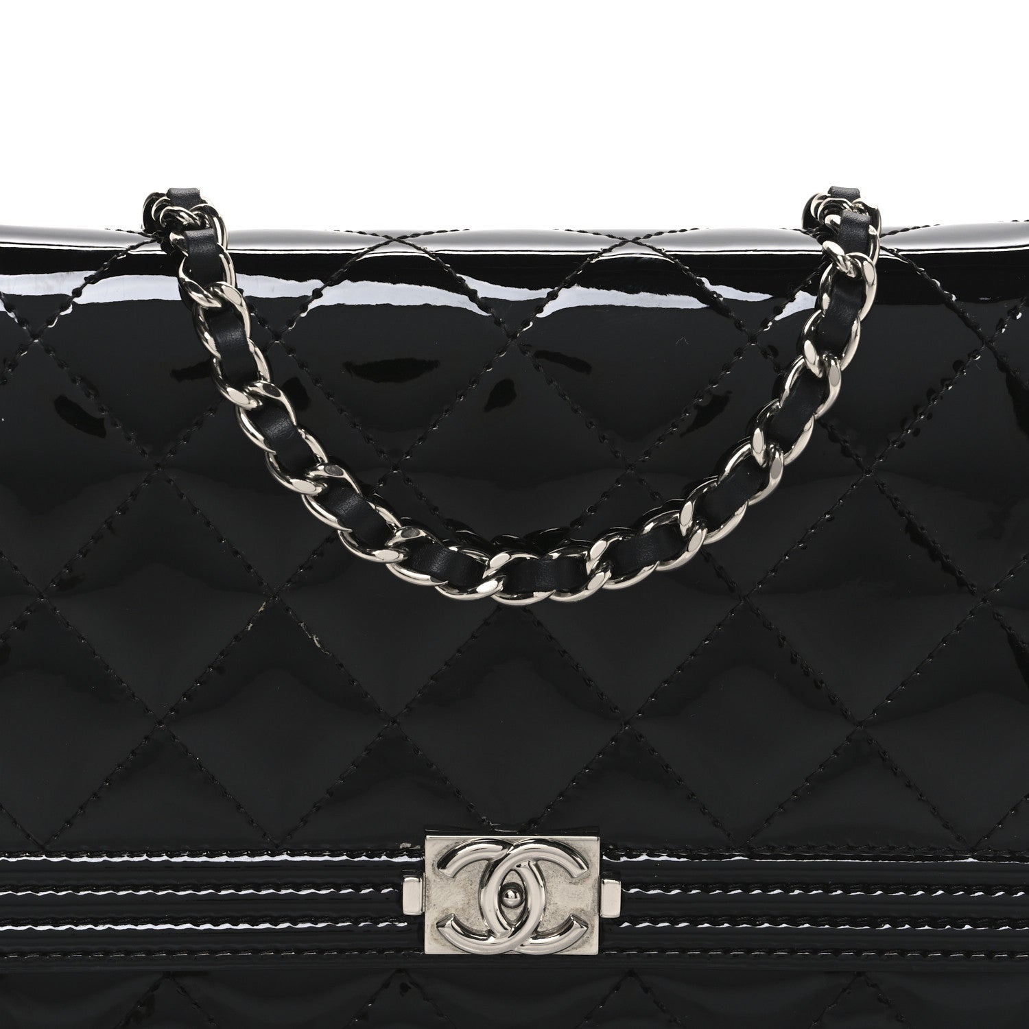 Chanel Patent Calfskin Quilted Boy Wallet On Chain WOC Black 9 of 11