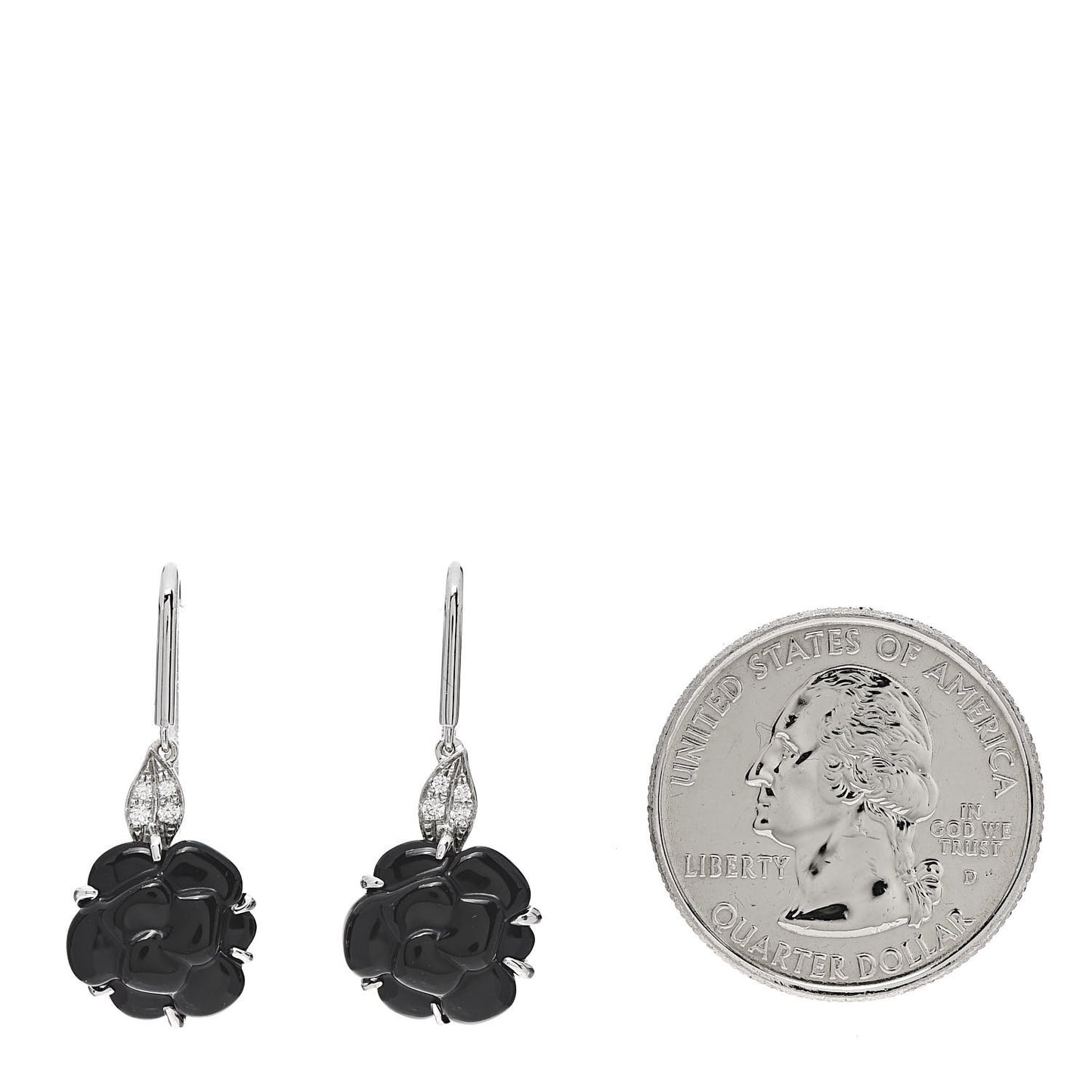 18K White Gold Diamond Black Onyx Camelia Sculpte Drop Earrings