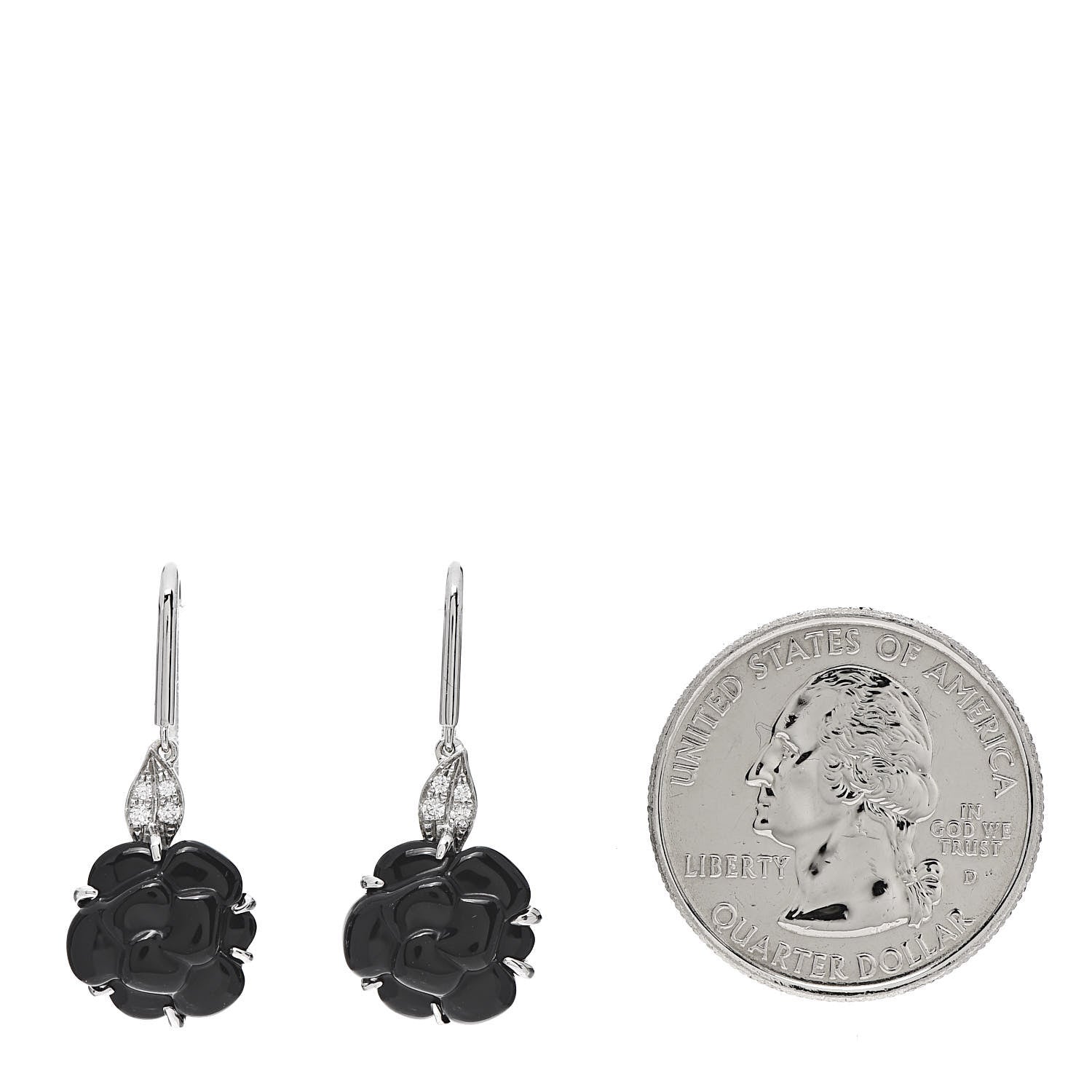 Chanel 18K White Gold Diamond Black Onyx Camelia Sculpte Drop Earrings 2 of 4