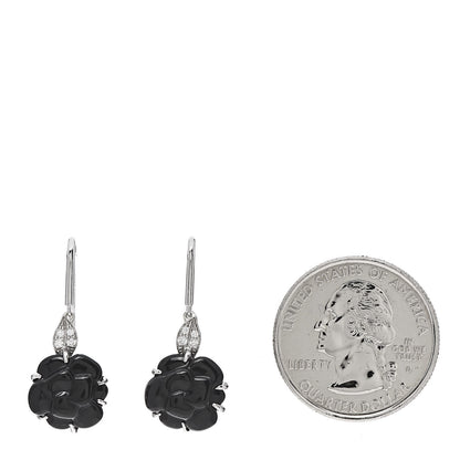 Chanel 18K White Gold Diamond Black Onyx Camelia Sculpte Drop Earrings 2 of 4