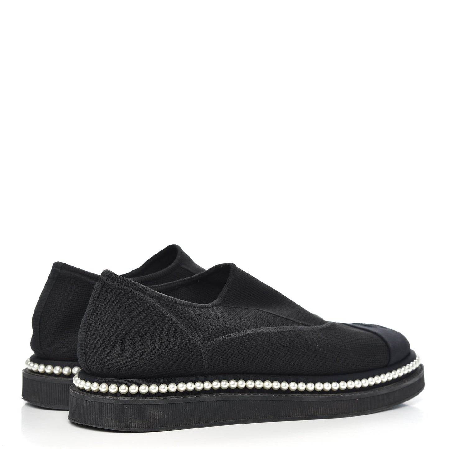 Stretch Fabric Grosgrain Pearl Cap Toe CC Moccasin Loafers 37.5 Black