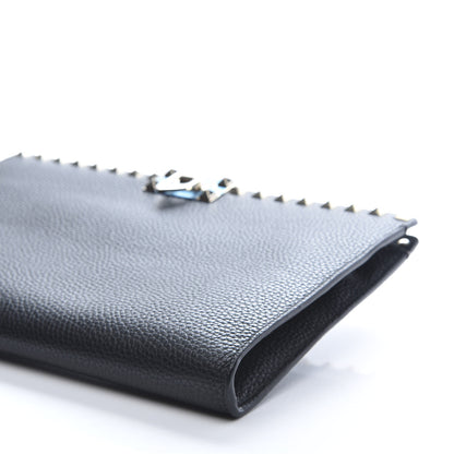 Valentino Garavani Pebbled Calfskin Rockstud Flip Lock Clutch Wallet Black 6 of 10