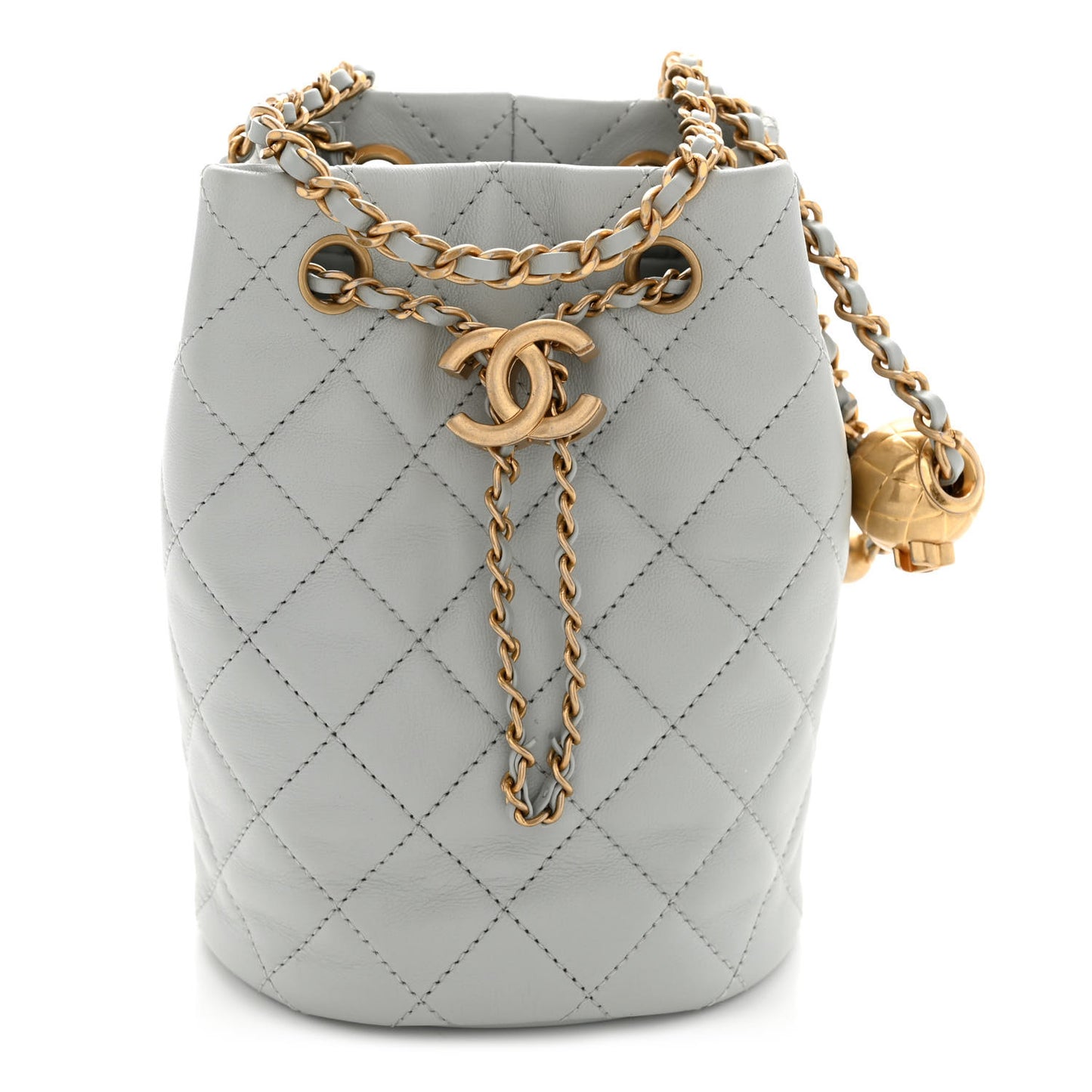 Lambskin Quilted Pearl Crush Drawstring Bag Light Grey