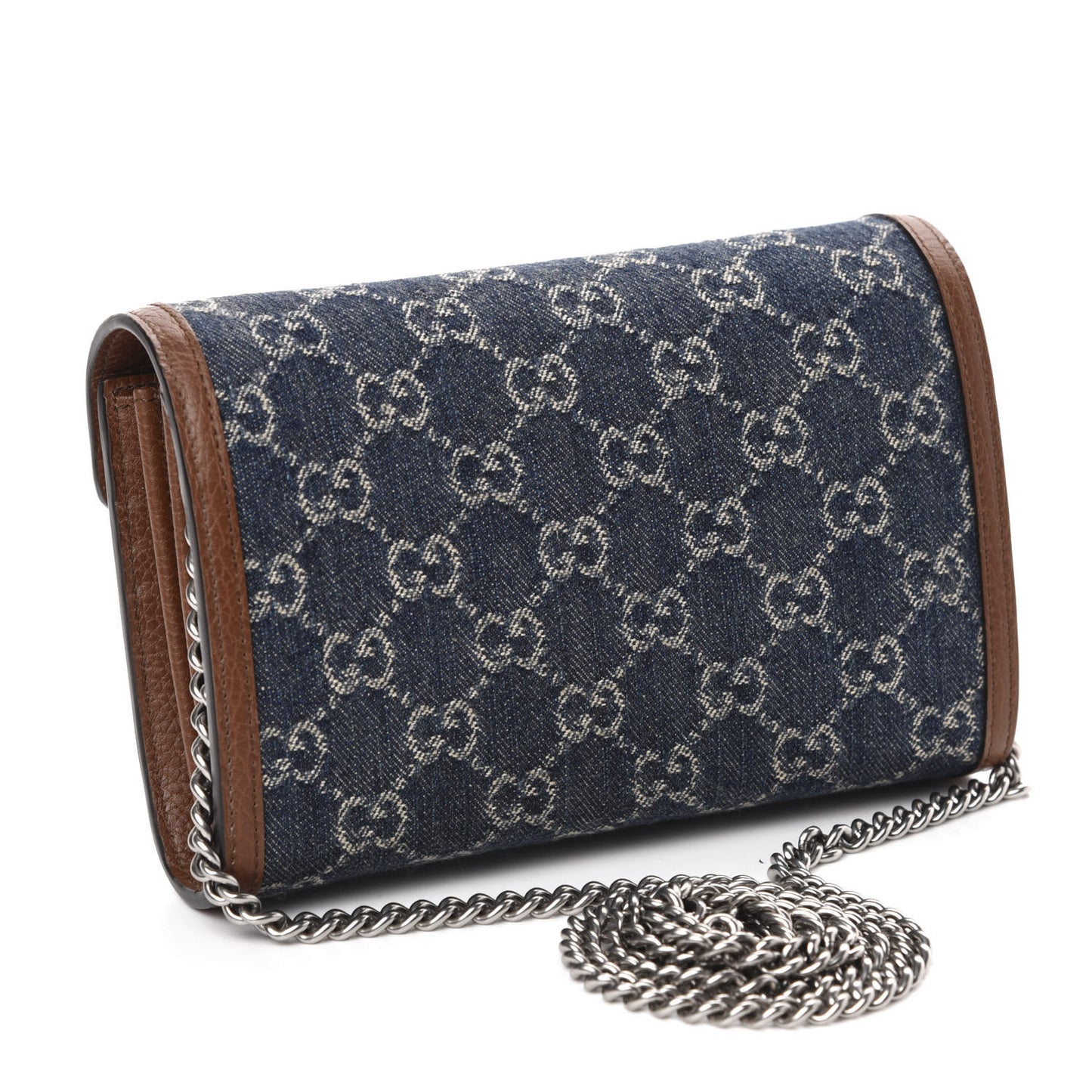 New Denim GG Monogram Dollar Calfskin Enamel Mini Dionysus Chain Wallet Blue Tea Cuir Epilog Electric Blue